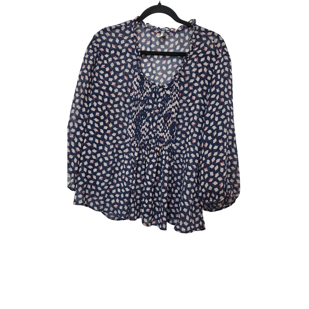 Old Navy Blouse Women XL Navy Blue Red Leaf Print Pintuck Pleated Sheer Top